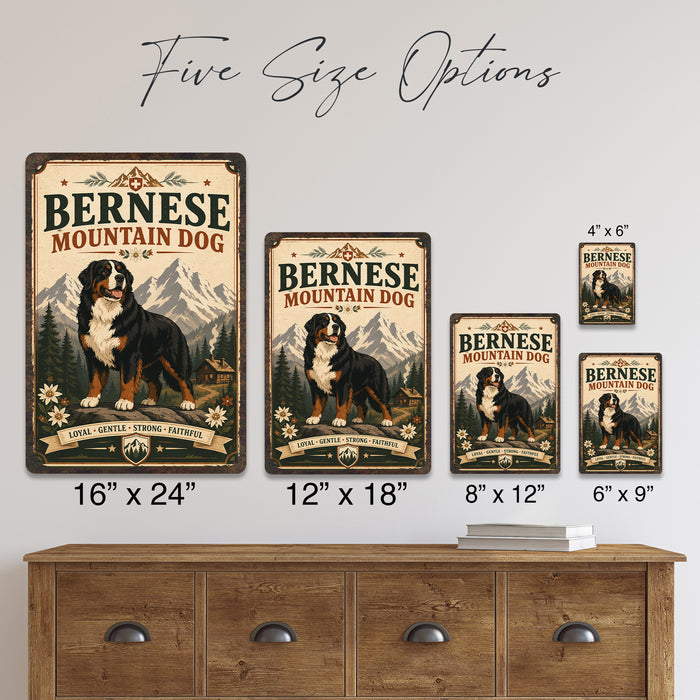 Bernese Mountain Dog metal sign with vintage breed portrait style Bernese Mountain Dog
