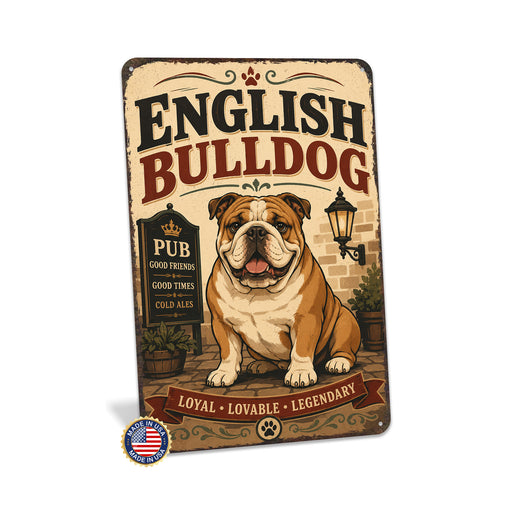 English Bulldog metal sign with vintage breed portrait style English Bulldog