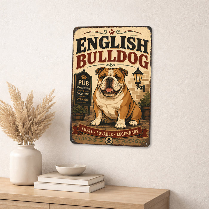 English Bulldog metal sign with vintage breed portrait style English Bulldog