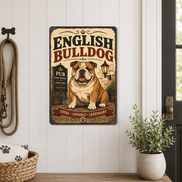 English Bulldog metal sign with vintage breed portrait style English Bulldog