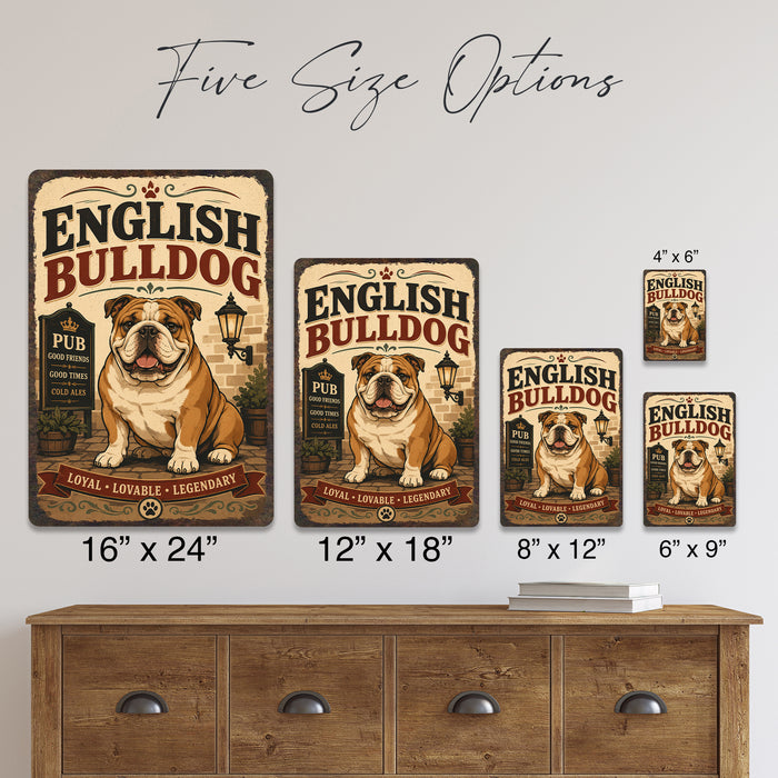English Bulldog metal sign with vintage breed portrait style English Bulldog