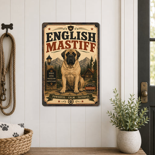 English Mastiff metal sign with vintage breed portrait style English Mastiff