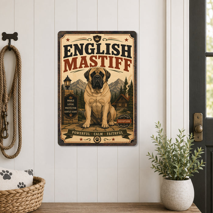 English Mastiff metal sign with vintage breed portrait style English Mastiff
