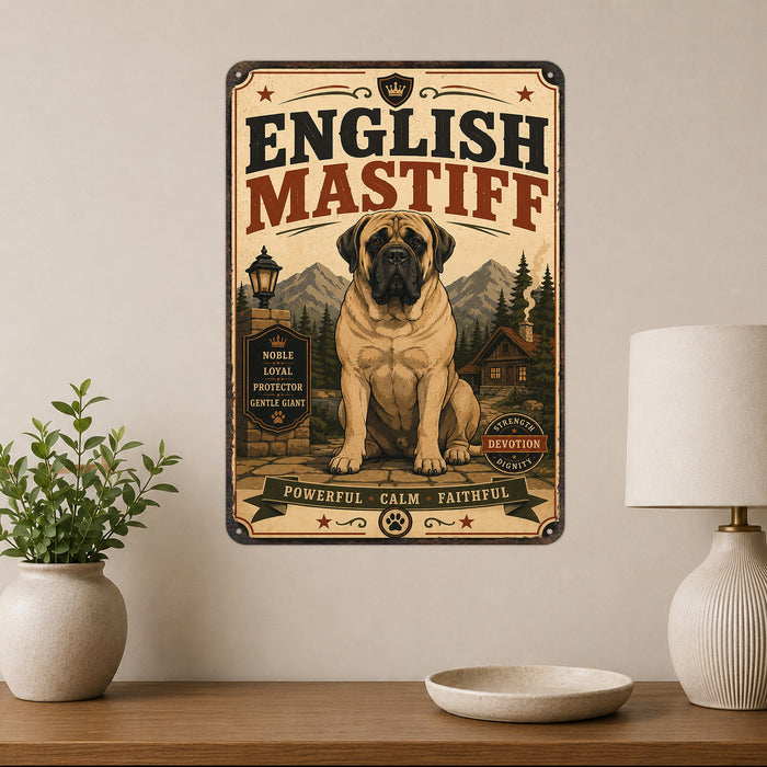 English Mastiff metal sign with vintage breed portrait style English Mastiff