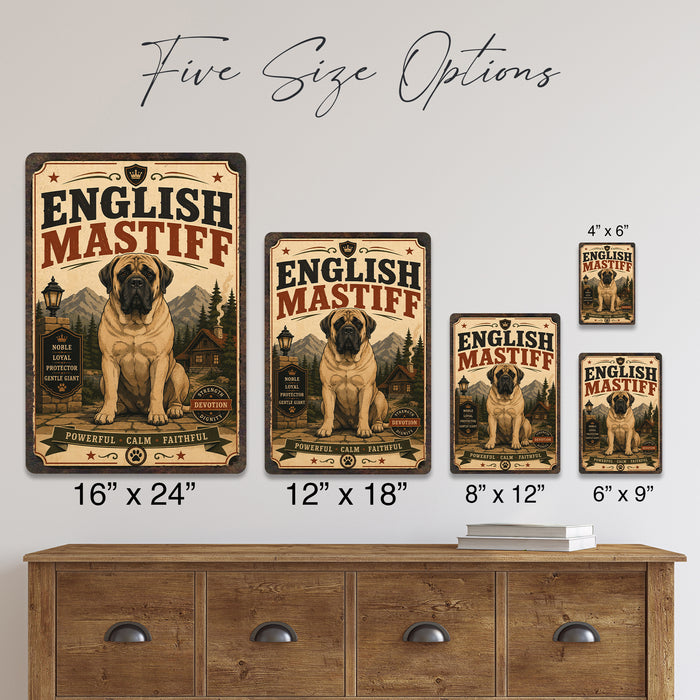 English Mastiff metal sign with vintage breed portrait style English Mastiff