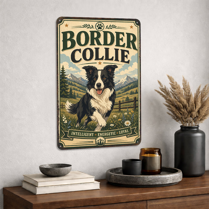 Border Collie metal sign with vintage breed portrait style Border Collie