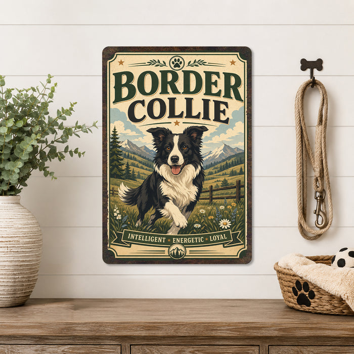 Border Collie metal sign with vintage breed portrait style Border Collie