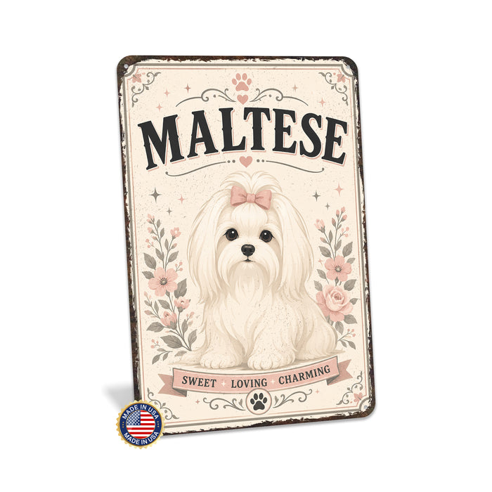 Maltese metal sign with vintage breed portrait style Maltese