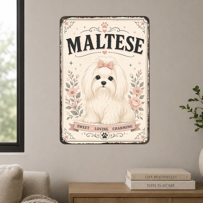 Maltese metal sign with vintage breed portrait style Maltese