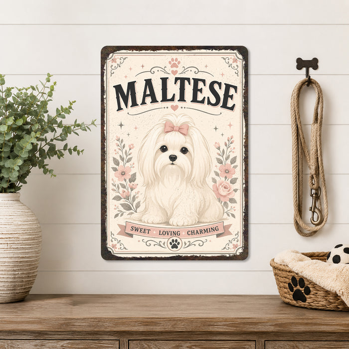 Maltese metal sign with vintage breed portrait style Maltese