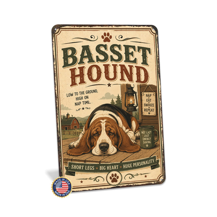 Basset Hound metal sign with vintage breed portrait style Basset Hound