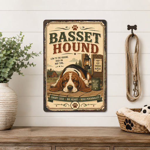 Basset Hound metal sign with vintage breed portrait style Basset Hound
