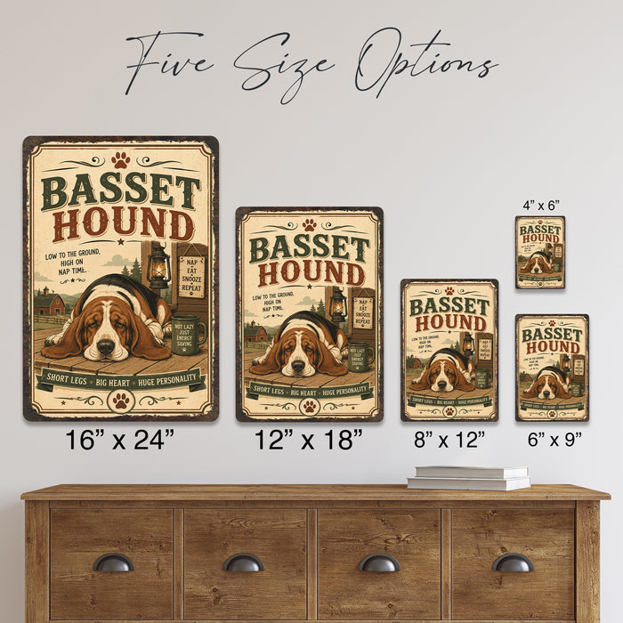 Basset Hound metal sign with vintage breed portrait style Basset Hound