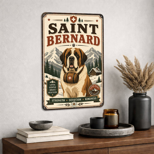 Saint Bernard metal sign with vintage breed portrait style Saint Bernard