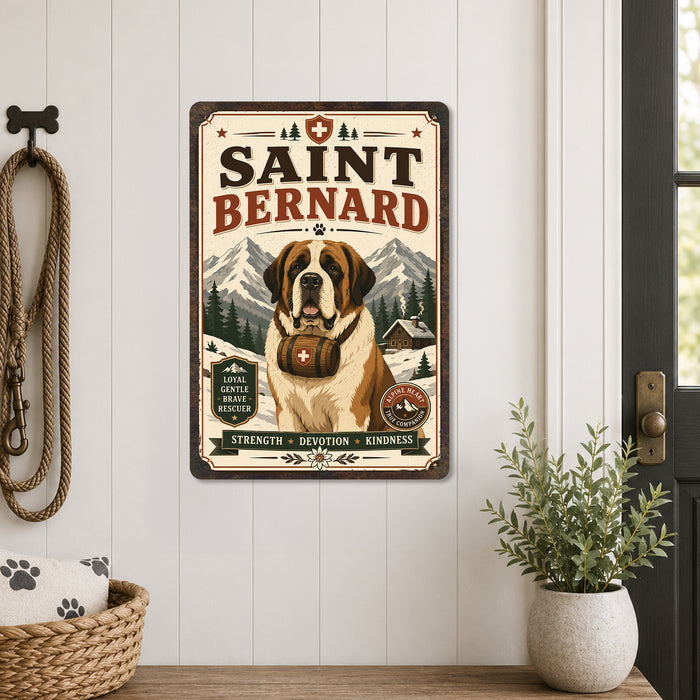 Saint Bernard metal sign with vintage breed portrait style Saint Bernard