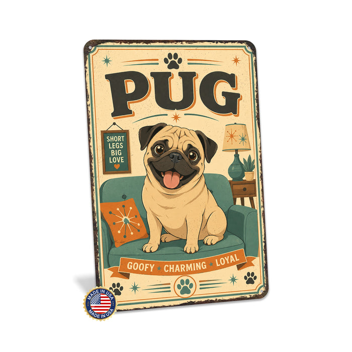 Pug metal sign with vintage breed portrait style Pug