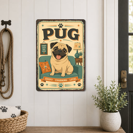 Pug metal sign with vintage breed portrait style Pug