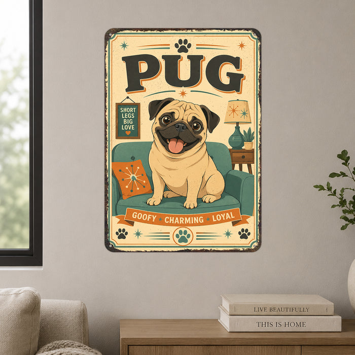Pug metal sign with vintage breed portrait style Pug