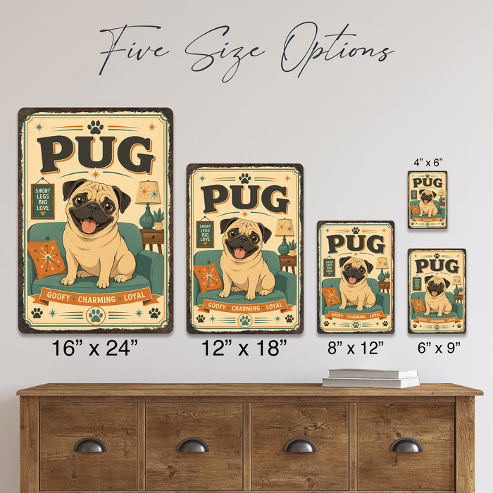 Pug metal sign with vintage breed portrait style Pug