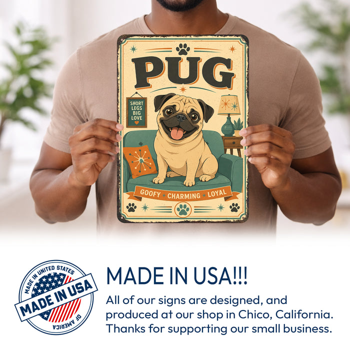 Pug metal sign with vintage breed portrait style Pug