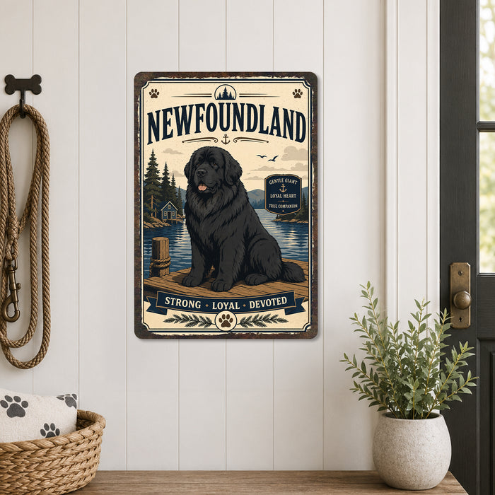 Newfoundland metal sign with vintage breed portrait style Newfoundland