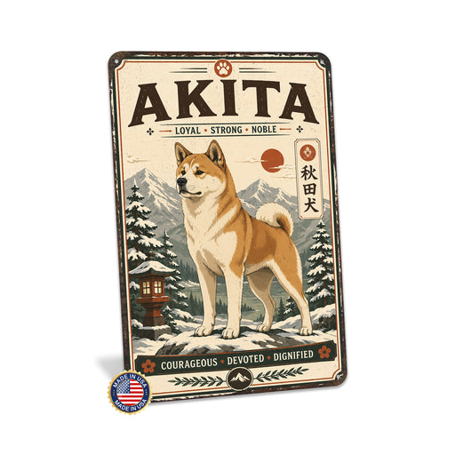 Akita metal sign with vintage breed portrait style Akita