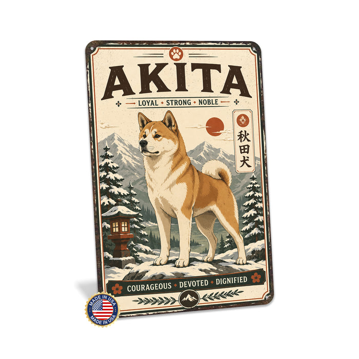 Akita metal sign with vintage breed portrait style Akita