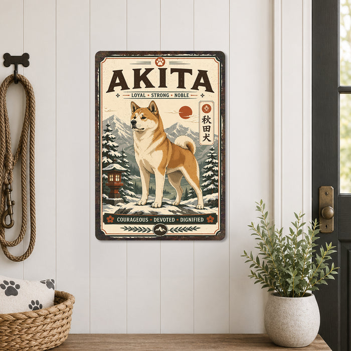 Akita metal sign with vintage breed portrait style Akita
