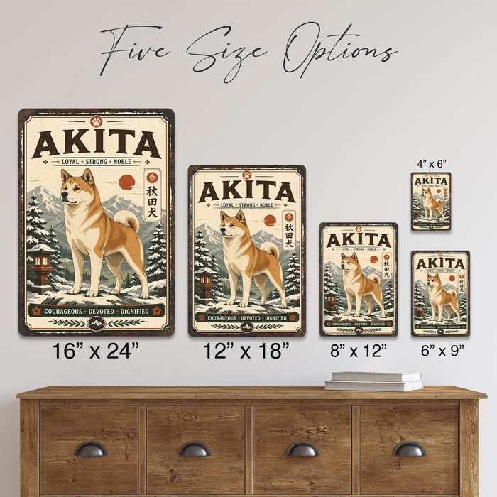 Akita metal sign with vintage breed portrait style Akita