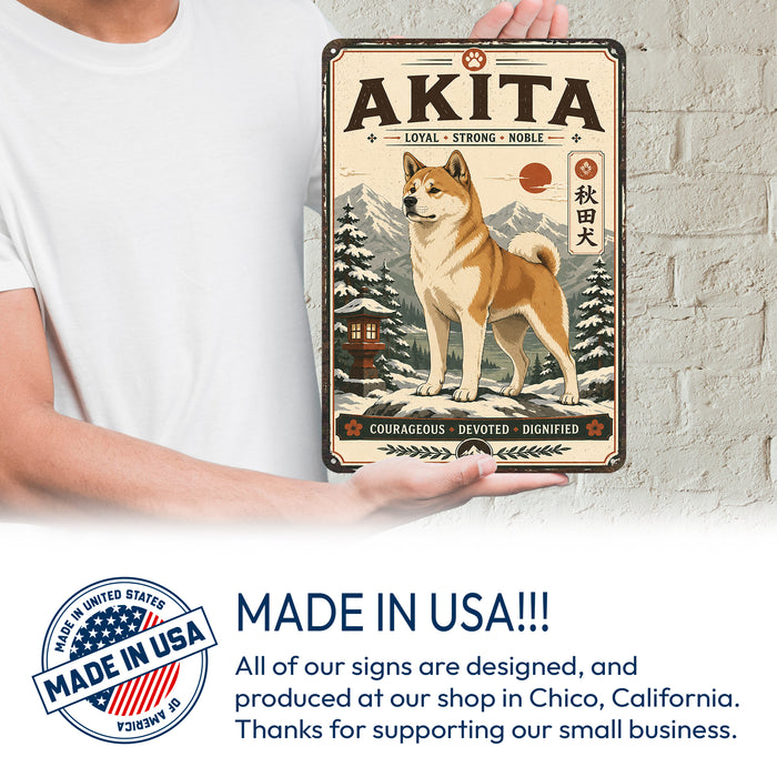 Akita metal sign with vintage breed portrait style Akita