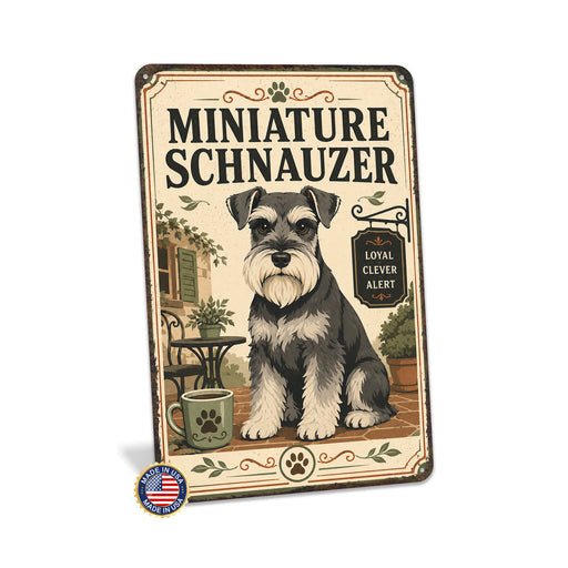 Miniature Schnauzer metal sign with vintage breed portrait style Miniature Schnauzer