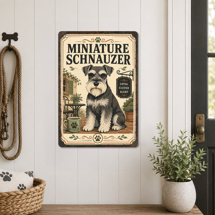 Miniature Schnauzer metal sign with vintage breed portrait style Miniature Schnauzer