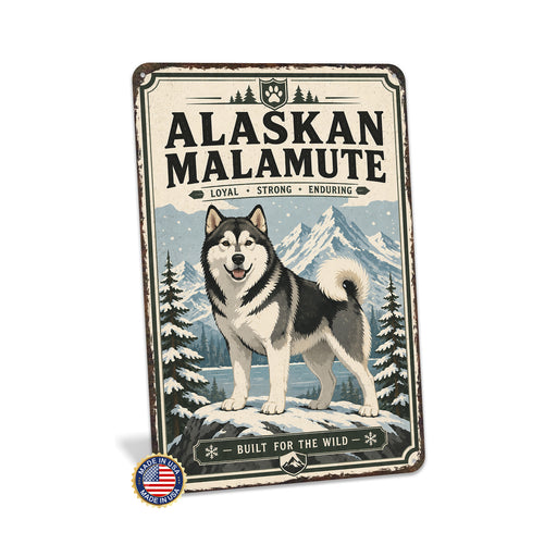 Alaskan Malamute metal sign with vintage breed portrait style Alaskan Malamute