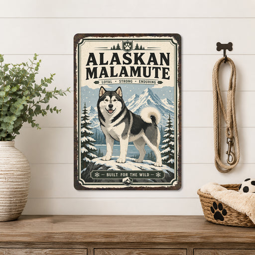 Alaskan Malamute metal sign with vintage breed portrait style Alaskan Malamute
