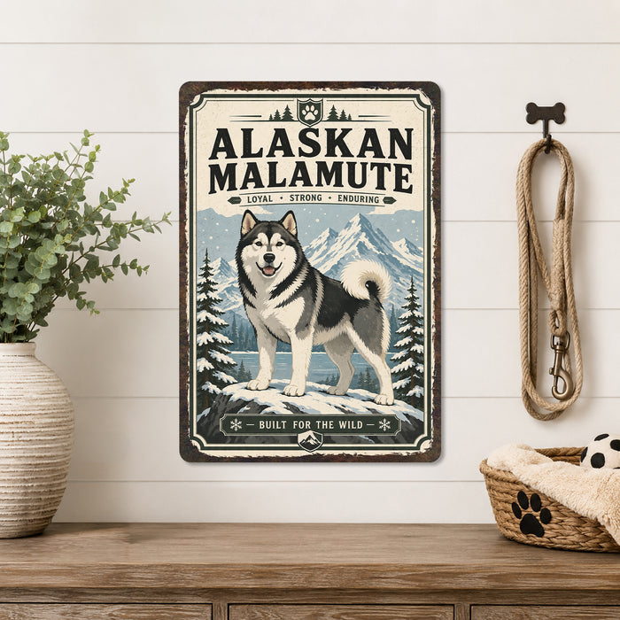 Alaskan Malamute metal sign with vintage breed portrait style Alaskan Malamute