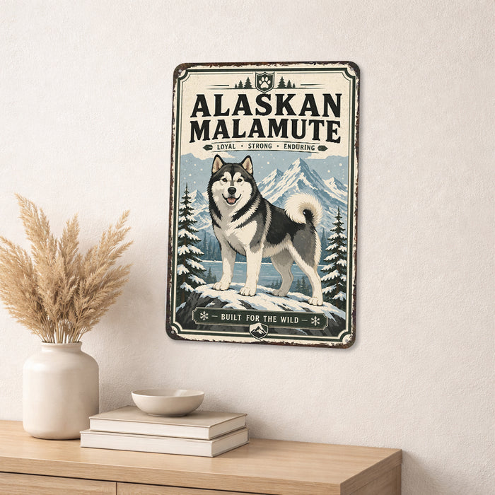Alaskan Malamute metal sign with vintage breed portrait style Alaskan Malamute