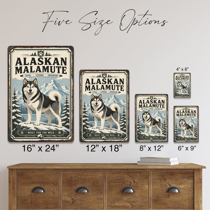 Alaskan Malamute metal sign with vintage breed portrait style Alaskan Malamute