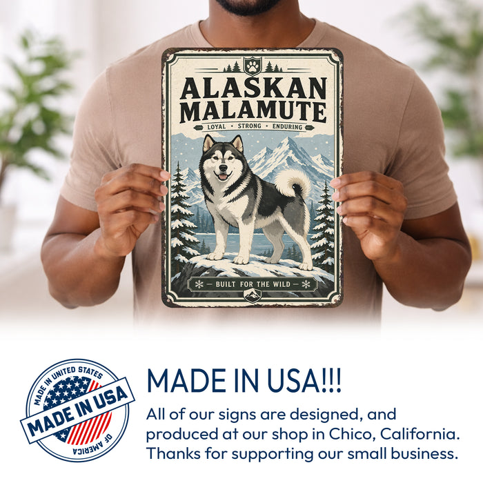 Alaskan Malamute metal sign with vintage breed portrait style Alaskan Malamute