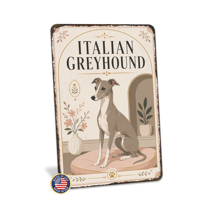 Italian Greyhound metal sign with vintage breed portrait style Italian Greyhound
