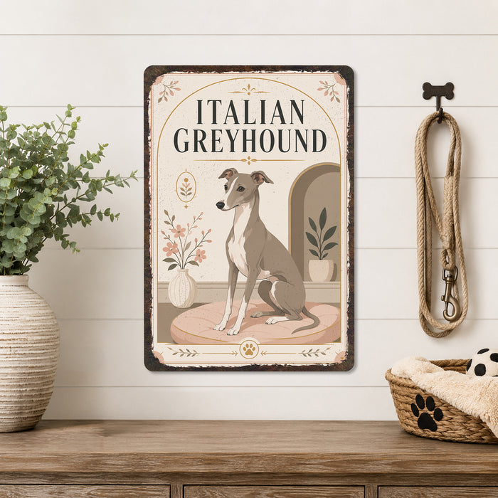 Italian Greyhound metal sign with vintage breed portrait style Italian Greyhound