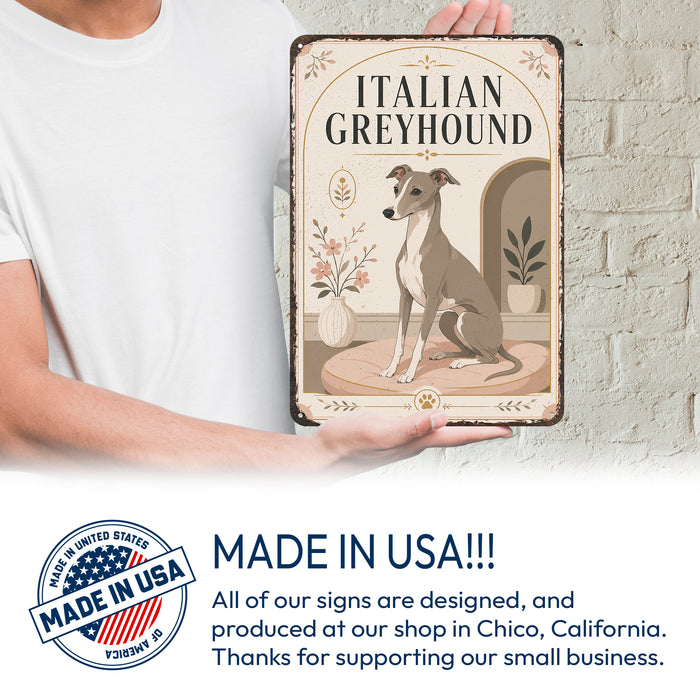 Italian Greyhound metal sign with vintage breed portrait style Italian Greyhound