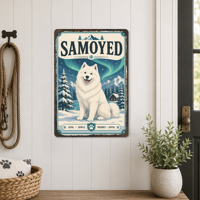 Samoyed metal sign with vintage breed portrait style Samoyed