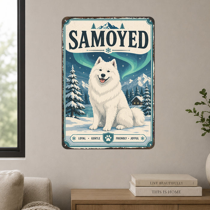 Samoyed metal sign with vintage breed portrait style Samoyed