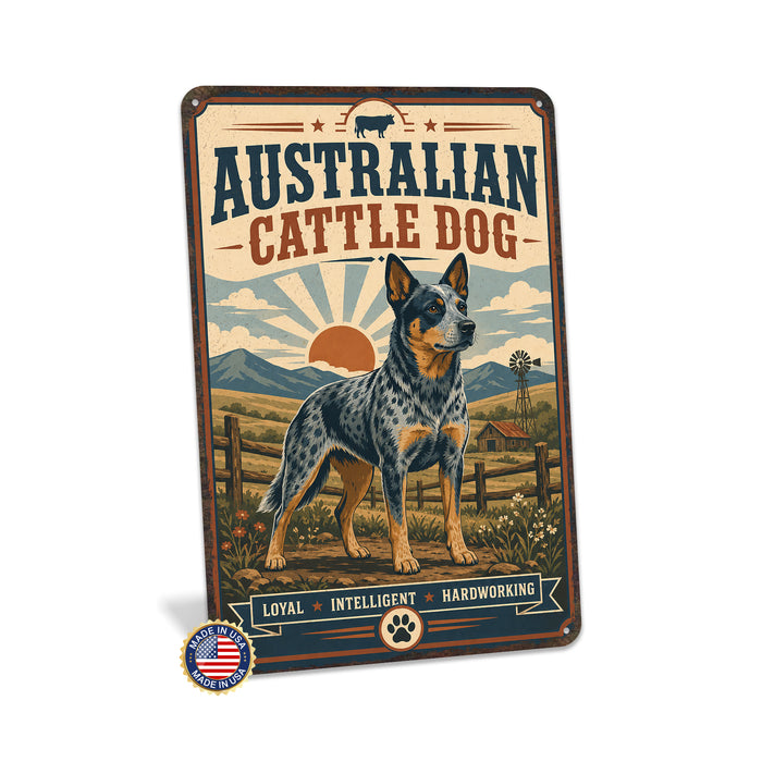 Australian Cattle Dog metal sign with vintage breed portrait style Australian Cattle Dog