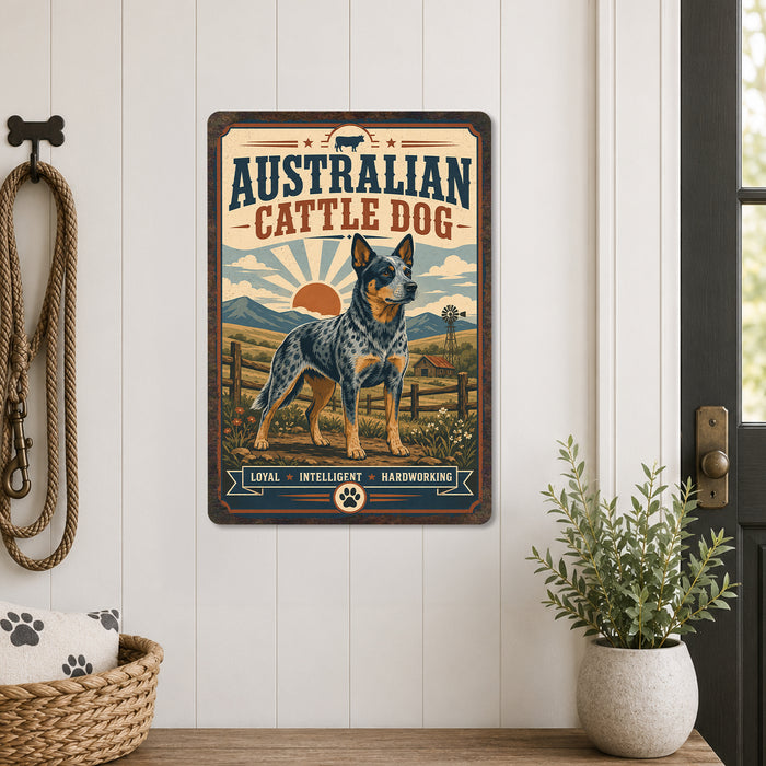 Australian Cattle Dog metal sign with vintage breed portrait style Australian Cattle Dog
