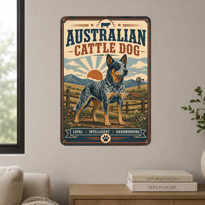 Australian Cattle Dog metal sign with vintage breed portrait style Australian Cattle Dog