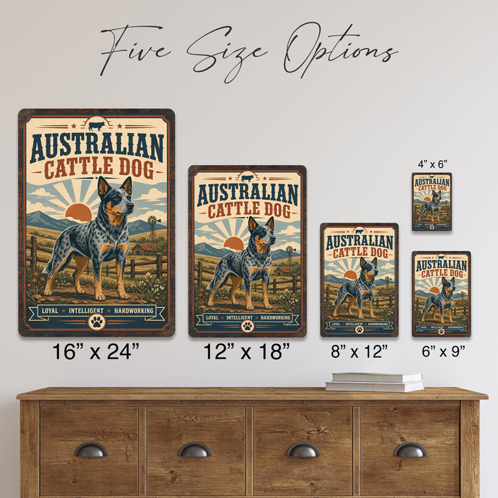 Australian Cattle Dog metal sign with vintage breed portrait style Australian Cattle Dog