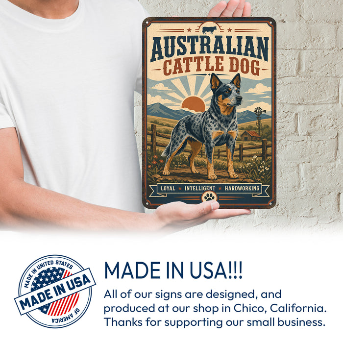 Australian Cattle Dog metal sign with vintage breed portrait style Australian Cattle Dog