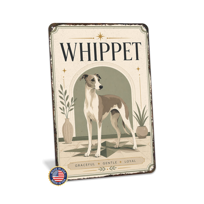 Whippet metal sign with vintage breed portrait style Whippet