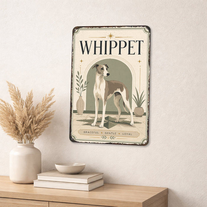 Whippet metal sign with vintage breed portrait style Whippet